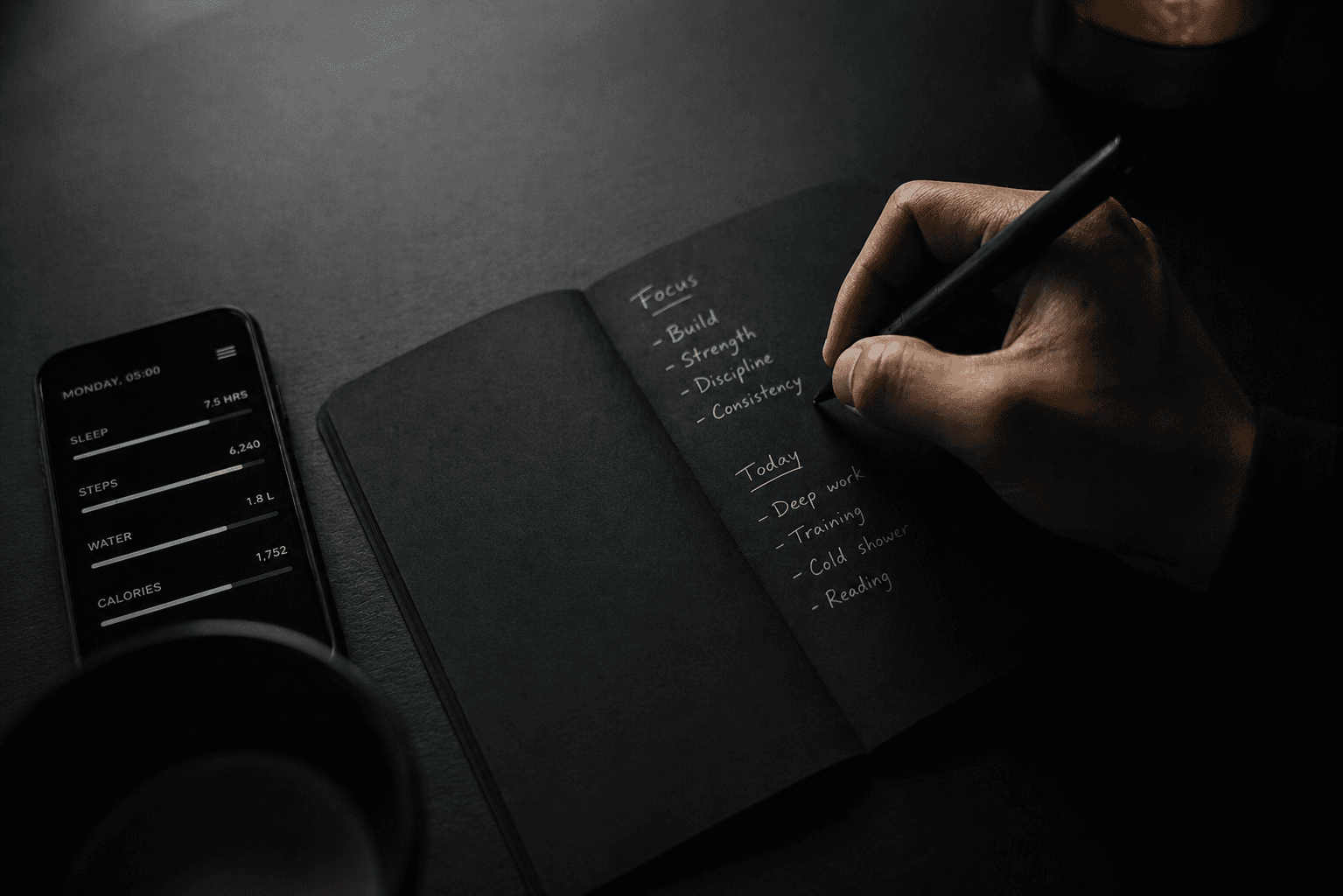 Hand writing daily discipline, goals, and habits in a notebook on a dark desk with a phone showing progress